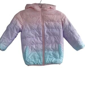 Max Puffer Jacket Girls 5T Pink Purple Blue Ombre Faux Fur Lined Hooded Zip